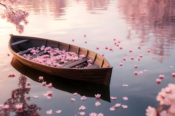 Fototapeta premium boat on the lake with pink flower