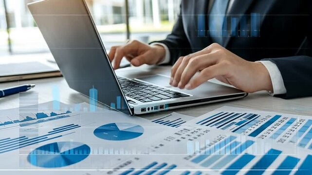 Businessperson analyzing statistical data on a laptop, enhancing investment strategies