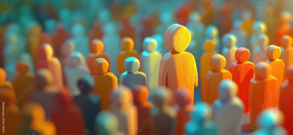 Fototapete diverse crowd of colorful wooden figures representing community and unity, copy space for text