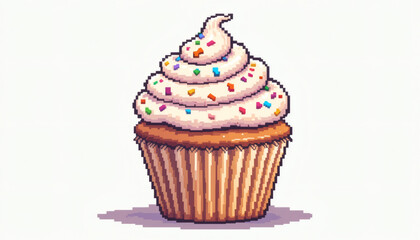 Whimsical Pixelated Cupcake with Fluffy Icing and Colorful Sprinkles in Vibrant 8-Bit Style, Isolated on White Background