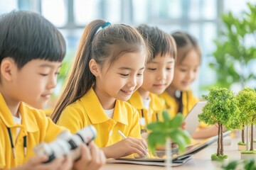 Obraz premium Group of Asian Students Engaged in a Creative Project at a Bright Classroom During School Hours