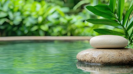 Balanced Stones In Tranquil Pool With Lush Foliage