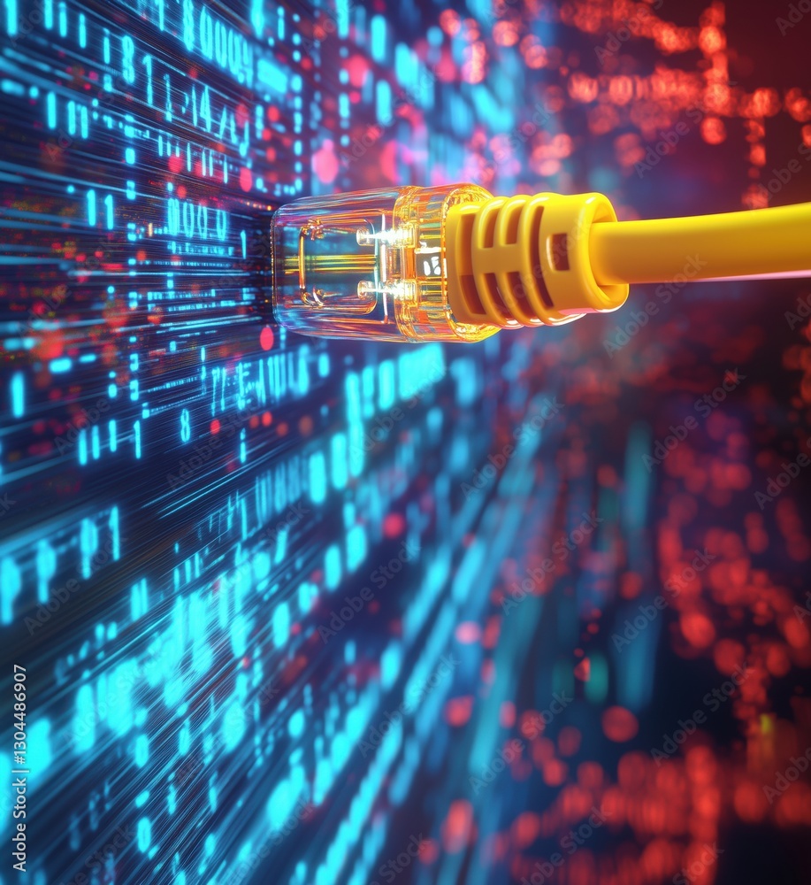 Poster network cable connecting to digital data stream with vibrant binary code background