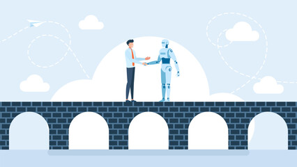 Businessman and a robot on bridge engaging in a handshake. Intersection of human expertise and technological advancement. Men and robot greet or confirm a deal, handshake. Vector illustration