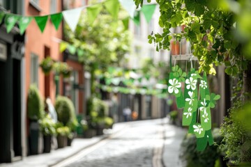Obraz premium Festive street with green shamrock banners for st. patrick's day celebration