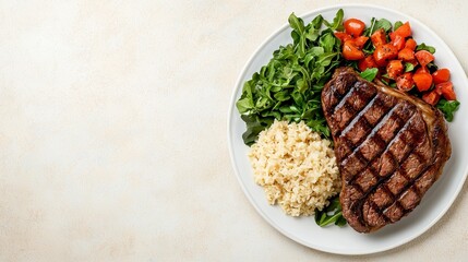 Grilled Steak With Salad And Rice
