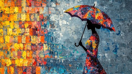 Abstract urban scene woman silhouette with umbrella against colorful background