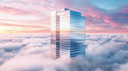 The growth investment is conceptually depicted as a futuristic financial skyscraper with layered portfolios, towering against a vibrant gradient sunset with clouds in the skyline