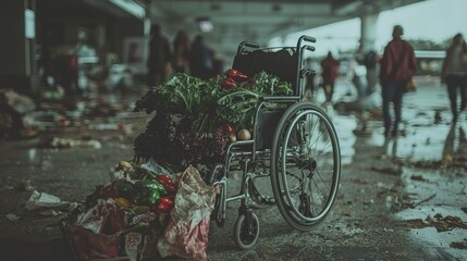 The image portrays two women with mobility impairments, one reaching for fresh produce while the other is present in the background, showcasing accessibility features in shopping spaces