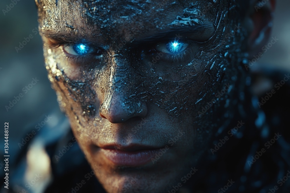 Aufkleber intense close-up of a futuristic character with glowing blue eyes and metallic skin in a dramatic se