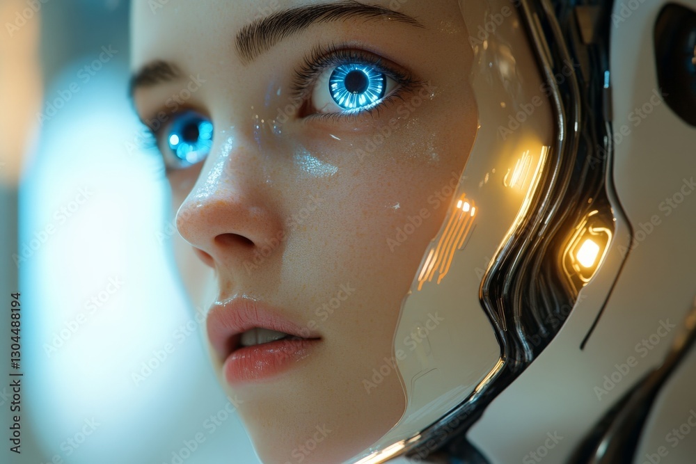Aufkleber Futuristic humanoid robot with glowing blue eyes captures attention in a modern setting