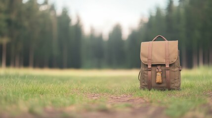 Brown backpack in forest clearing on grass pathway amidst tall trees