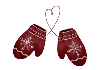 Watercolor red warm winter mittens, isolated illustration on transparent background 