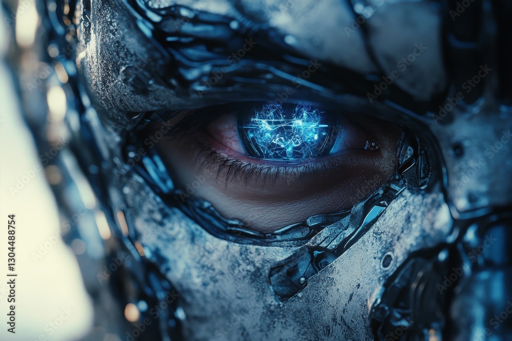Aufkleber Close-up view of a sci-fi cyborg eye with intricate metallic details and glowing circuitry in a futuristic setting