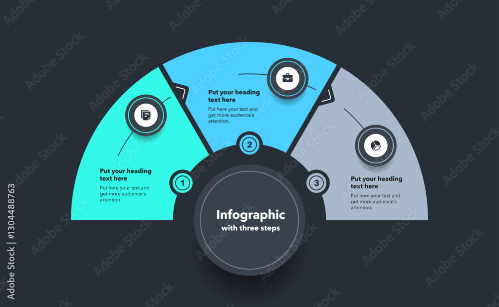 Aufkleber circular infographic diagram divided into three steps - dark version. flat design with minimalistic 