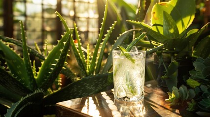 Refreshing aloe vera drink with ice amidst sunlit greenhouse plants