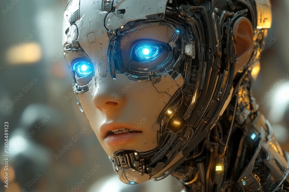 Leinwandbilder futuristic robot with glowing blue eyes explores advanced technology in a sci-fi setting during an i
