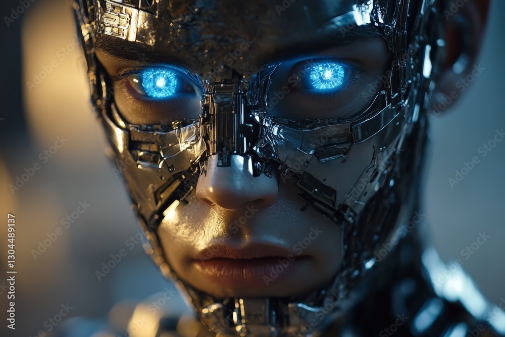 Poster Futuristic robotic figure with illuminated eyes showcasing advanced technology in a dimly lit environment