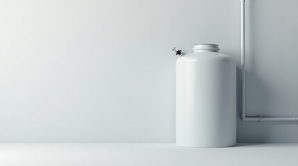 A simple white cylindrical container with a small valve, positioned against a minimalist wall beside a plumbing pipe.