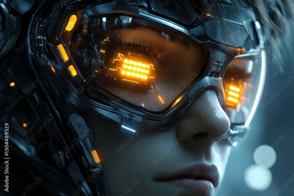 Aufkleber close-up of futuristic cyborg wearing advanced goggles with glowing details, showcasing technology a