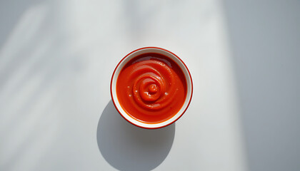 Bowl of Fresh Red Tomato Ketchup in Spiral Design, Representing Delicious Condiment for Fast Food, Snacks, and Cooking with Rich Flavor and Vibrant Color