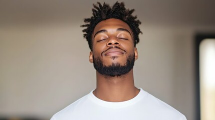 Fototapeta premium Relaxed african male adult with eyes closed in peaceful expression indoors