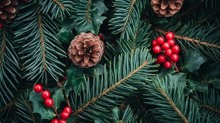 Evergreen, Holly, Berries, Cones in Forest Setting