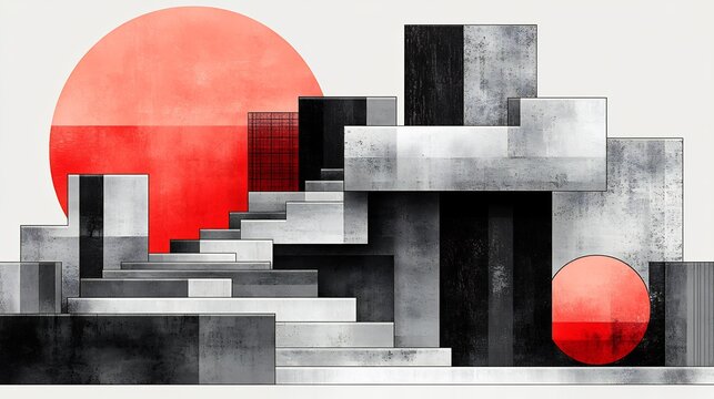 Abstract grayscale cityscape sunset bold red circles. AI Generated