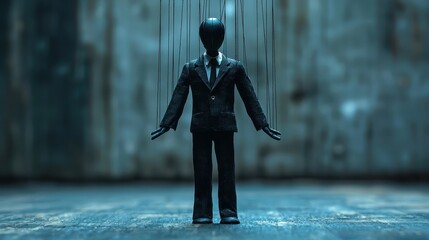 Dark environment abandoned warehouse puppet master sculpture with low angle manipulation