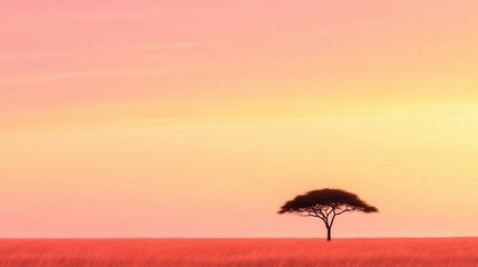 Solitary tree in vibrant savanna sunset with orange sky and grassy plains