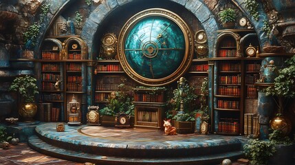 Obraz premium Enchanted Library Interior Soft Light Mysterious Ambiance. AI Generated