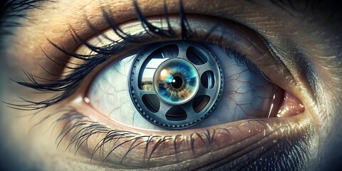 Creative depiction of an eye transforming into a movie projector with vivid colors showcasing cinematic scenes