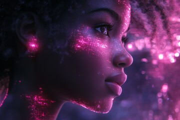 Young girl with curly hair illuminated by vibrant neon lights in an artistic urban setting at night