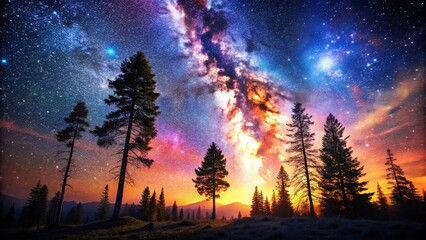 Naklejka premium Cosmic Forest: Stars, Wilderness, and Night Sky Over Ancient Trees