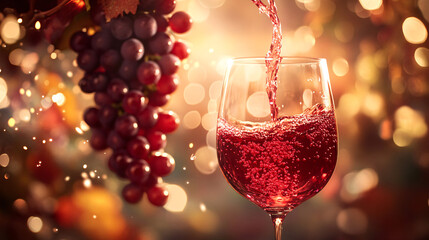 Red wine pours into a glass with grape clusters in the background under warm, golden light

