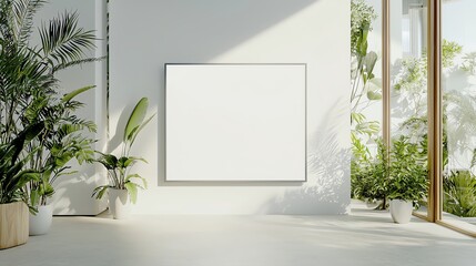 Minimalistic room with large windows and lush plants, featuring a blank canvas on the wall.