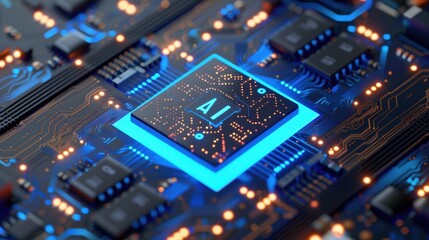 Fototapeta premium Futuristic ai circuit board with glowing neural processor and microchips