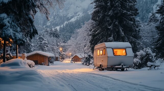 A caravan in a small European village covered in snow during Christmas time