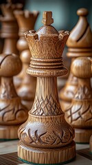 Carved wooden chess queen, game board background, strategy