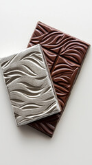 Luxurious chocolate bar packaging with foil wrapping, embossed patterns, deep rich colors, white background
