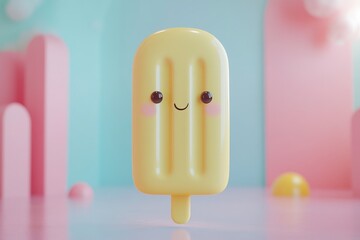Obraz premium A cheerful cartoon popsicle smiling against a pastel colored backdrop