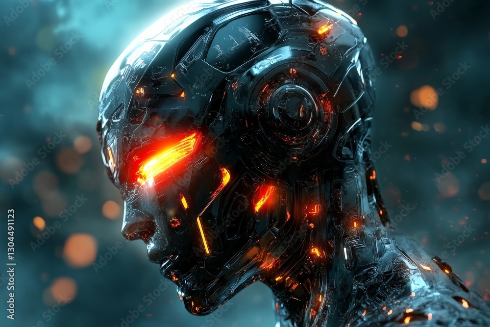 Poster futuristic robotic head with glowing eyes showcases advanced technology and intricate design details
