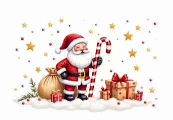 Digital Illustration of Santa Claus with Gifts, Candy Cane, and Sack
