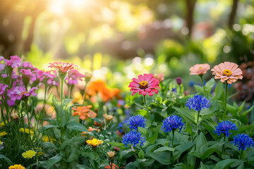 Obraz premium A vibrant garden filled with colorful flowers, including zinnias and bluebells, basking in the warm sunlight on an Easter morning.