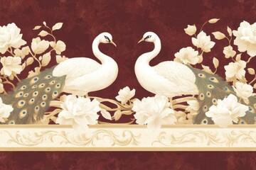 Elegant Mughal Border Featuring Two Majestic Peacocks Surrounded by Delicate Floral Designs