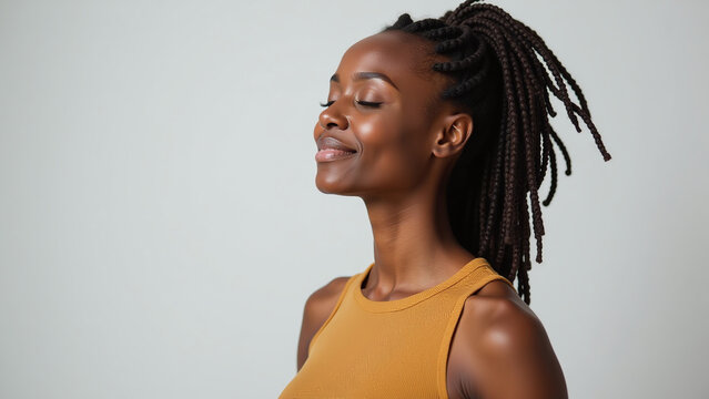 african woman stands studio dreadlocks closed eyes relaxed pose exuding calmness confidence