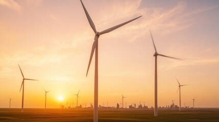 Wind turbines stand tall against vibrant sunset, symbolizing ren