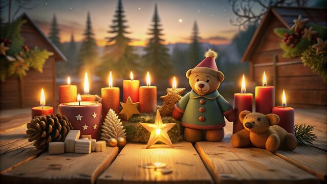 Cozy Fourth Advent: Brown Candles, Teddy Bear & Star Decoration Landscape