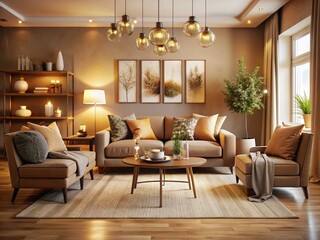 Fototapeta premium Cozy Mocha Beige Brown Interior Design 2025 Trend - Tilt-Shift Stock Photo