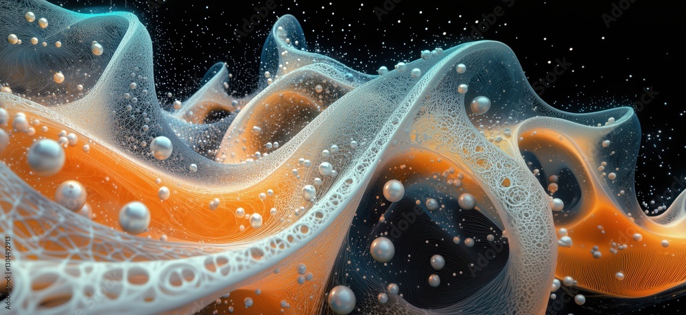 Poster abstract fluid waves with bubbles and intricate patterns in vibrant colors